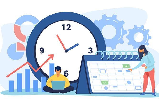 Timing and project scheduling. Managers working near calendar with marks and clock flat vector illustration. Time management, deadline concept for banner, website design or landing web page