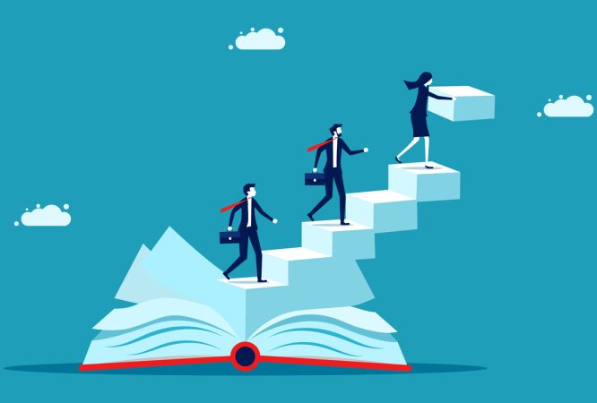 Organizational development book. businesswoman builds a book ladder. vector illustration