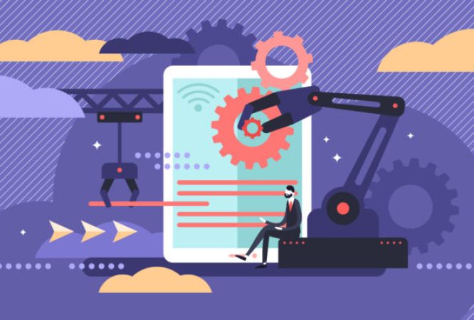 Automation vector illustration. Flat tiny machine line work person concept. Robot machinery equipment to control modern and futuristic arm process. Manufacture revolution strategy to minimize employee