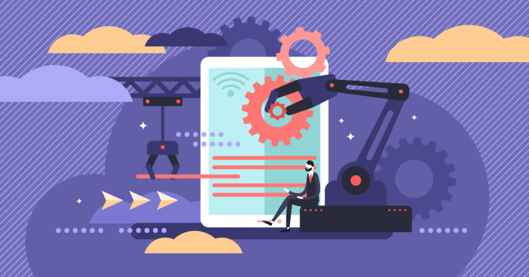 Automation vector illustration. Flat tiny machine line work person concept. Robot machinery equipment to control modern and futuristic arm process. Manufacture revolution strategy to minimize employee