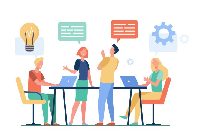 Business team planning working process flat vector illustration. Cartoon colleagues talking, sharing thoughts and smiling in company office. Teamwork and workflow concept