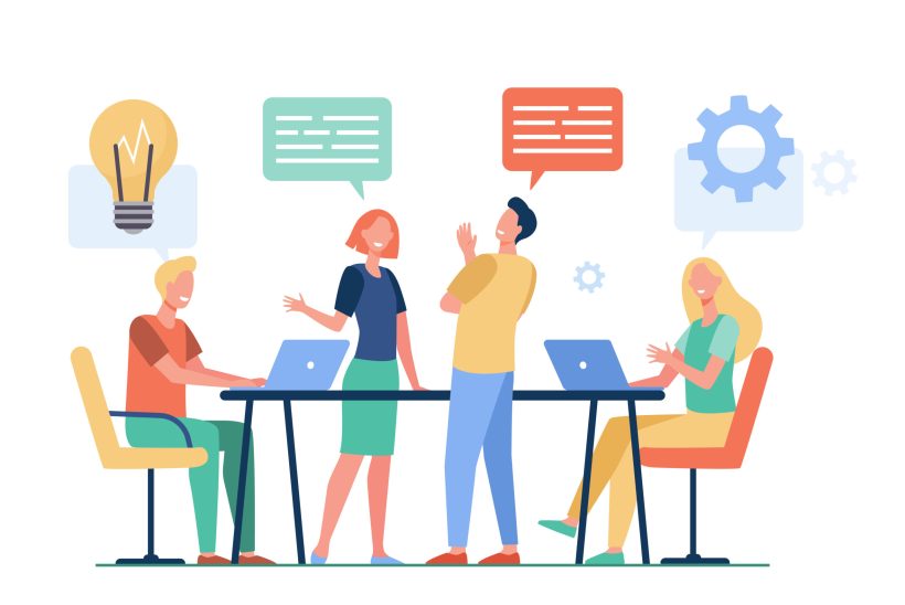 Business team planning working process flat vector illustration. Cartoon colleagues talking, sharing thoughts and smiling in company office. Teamwork and workflow concept