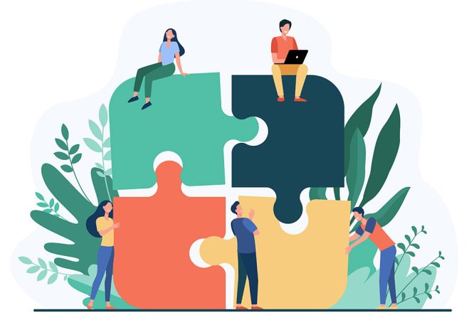 Business team putting together jigsaw puzzle isolated flat vector illustration. Cartoon partners working in connection. Teamwork, partnership and cooperation concept
